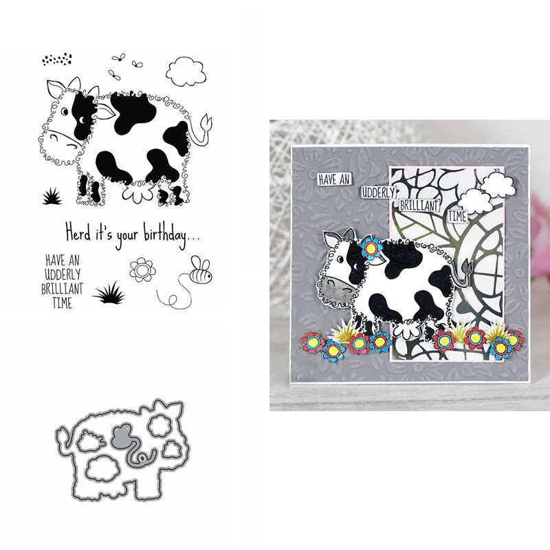 

2pcs/lot Cow Clear Stamps and Metal Cutting Dies Fuzzie Animal Die Cut For DIY Album Handmade Paper Card Decoration Craft 02B