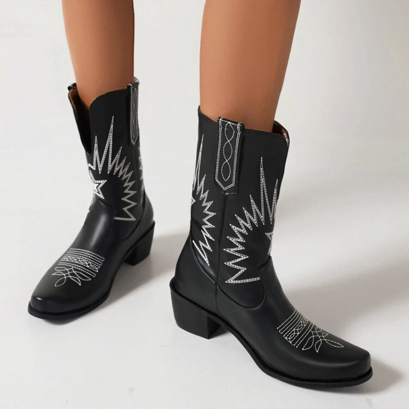 

Women European and American Mid-boots Classic Pointed Toe Thick Heel PU Retro Embroidery Street Outdoor Comfortable Women Shoes