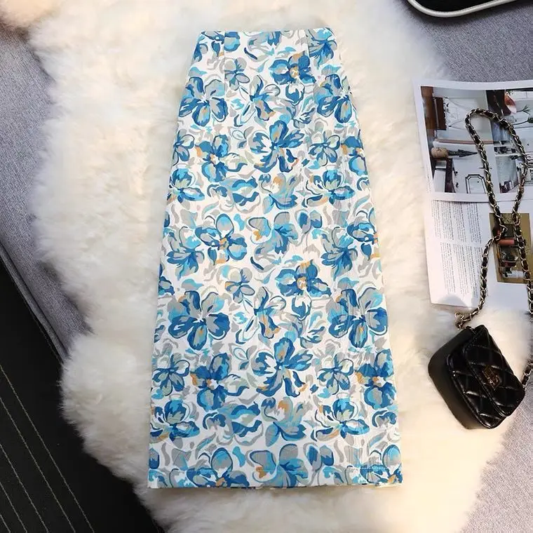 

Vintage Clothes Woman Midi Long Skirts Korean Fashion Printing High-Waisted Skirt 2022 Summer Streetwear Match Jupe Longue Femme
