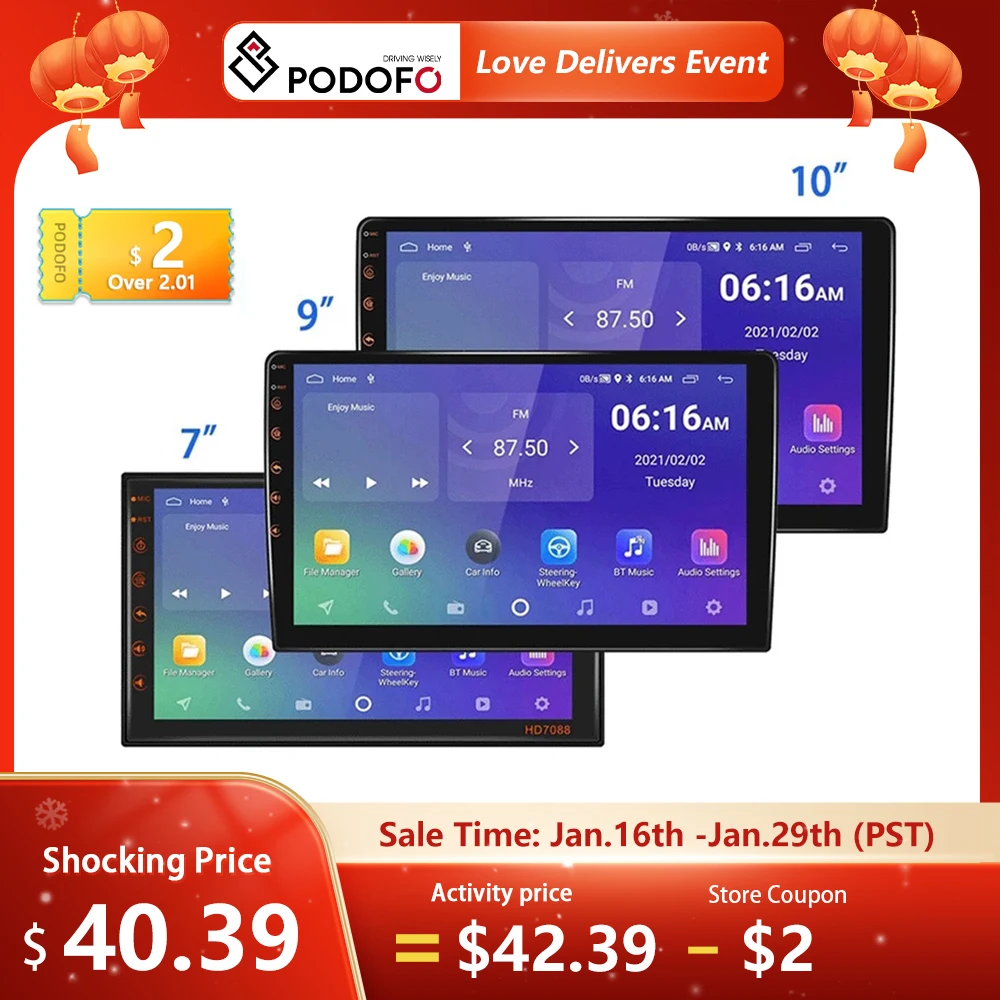 Podofo Android 11 автомобильное радио Авторадио 32G 2 Din 7 &quot/9&quot/10 &quotУниверсальный WIFI GPS