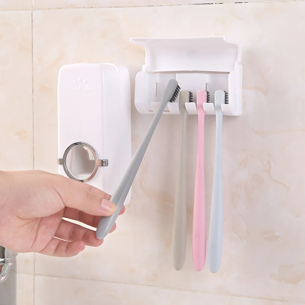 

AUTOMATIC TOOTHPASE DISPENSER + 5 TOOTHBRUSH HOLDER STAND WALL MOUNTED BATHROOM Squeezer Holder Rack For Children, Old People