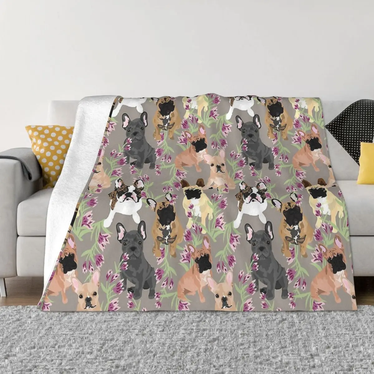 

French Bulldog Cute Dog Blanket Flannel Spring Autumn Frenchie Floral Warm Throws For Winter Bedding