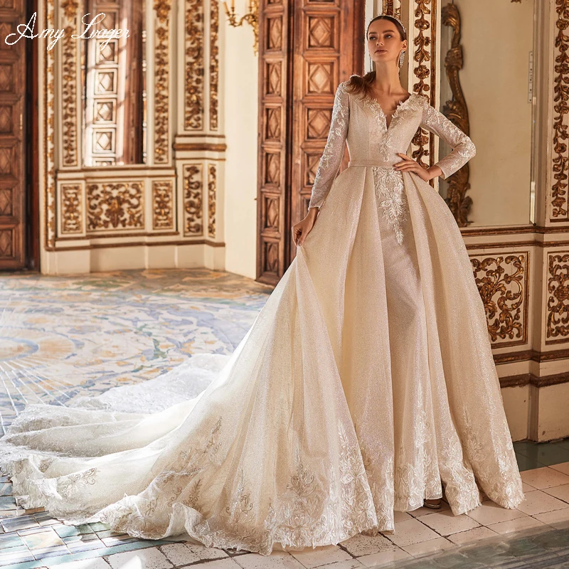 

AmyLvager Gorgeous Appliques Detachable Train Mermaid Wedding Dress 2023 Customize Sexy V-Neck Long Sleeve Princess Bridal Gown