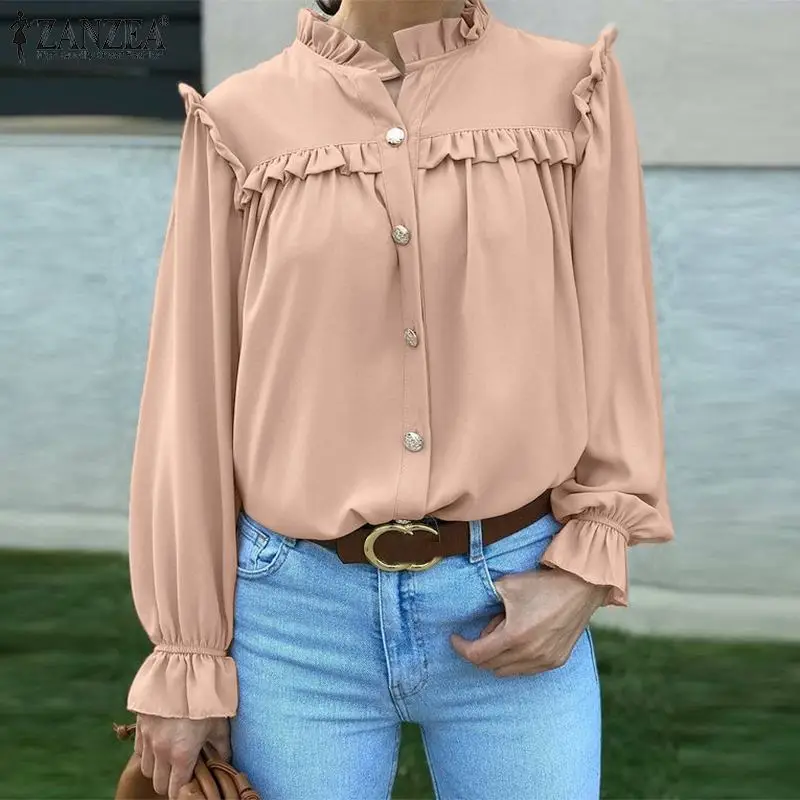 

Модная женская блузка OL ZANZEA с оборками, весенний Топ 2022, туника оверсайз, повседневная женская однотонная Свободная блузка с рукавами-фонар...