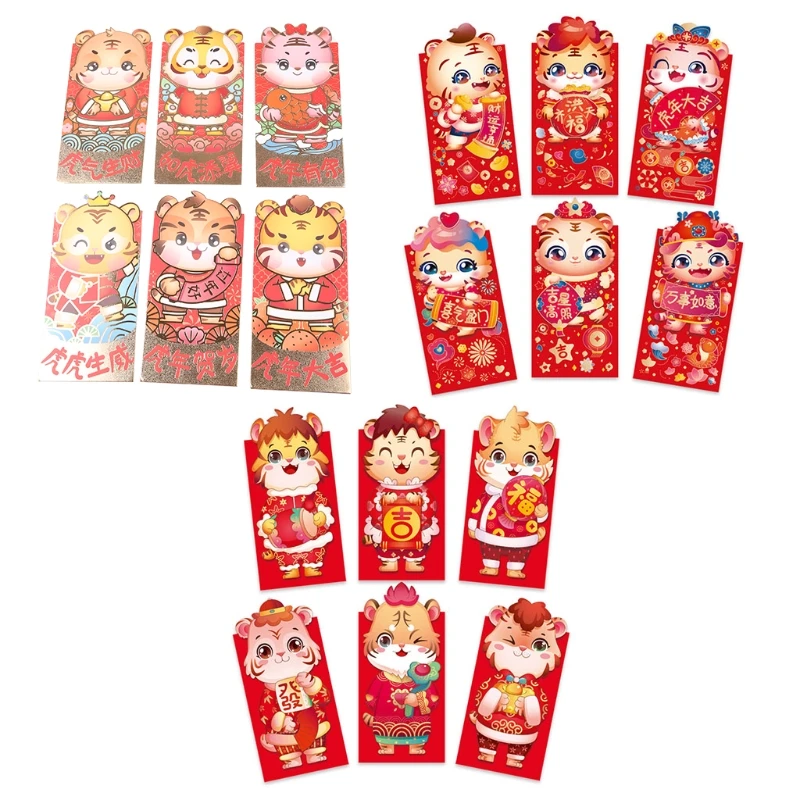 

6 шт. 2022 китайские трехмерные новогодние красные конверты с милым мультяшным тигром принт Счастливый Фестиваль карманы для денег благослов...