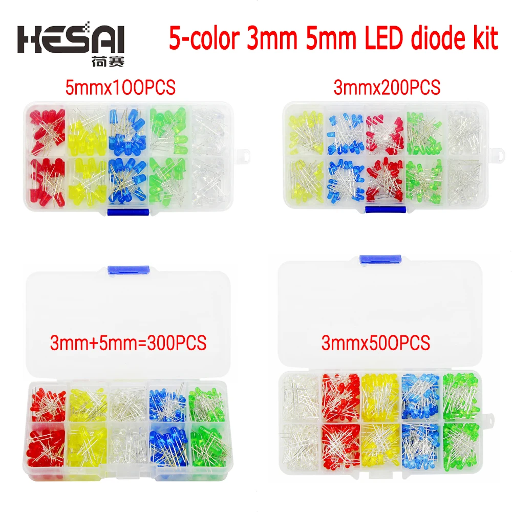 

Electronic DIY kit 5 Color Diode Universal 3mm 5mm LED Light Fittings Red Green Blue Yellow White DIY F3 F5 LED Diode Set Box
