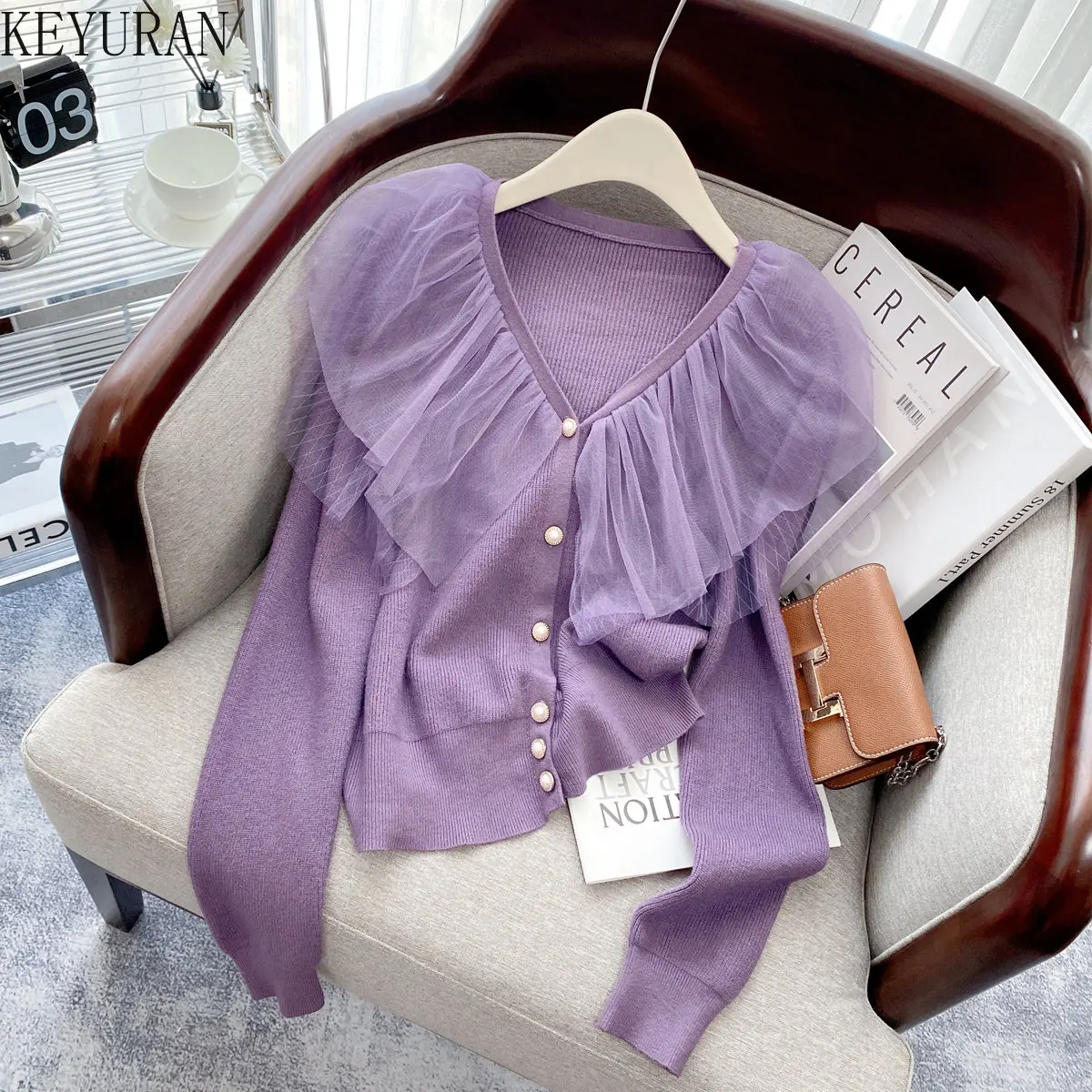 

Вязаный кардиган с оборками, в стиле пэчворк, с V-образным вырезом, свитер, Женский Осенний однобортный пурпурный свитер с длинным рукавом, 2022