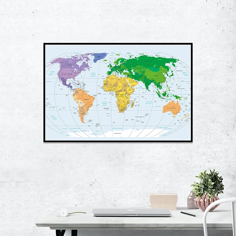 

84*59cm The Map of World In English Vinyl Canvas Spray Home Office Wall Sticker Decoration Travel Study Supplies