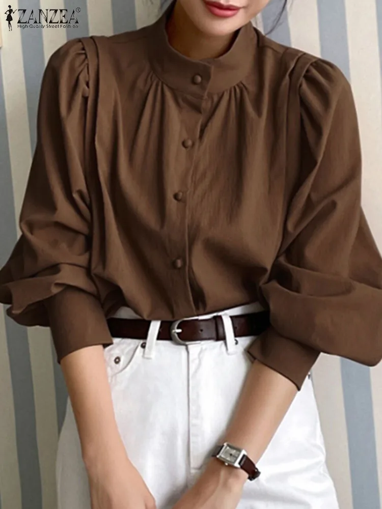 

Korean Fashion Buttons Tunic ZANZEA Women Lantern Long Sleeve Blouse 2023 Autumn Pleated Shirt Elegant Office Lady Solid Tops