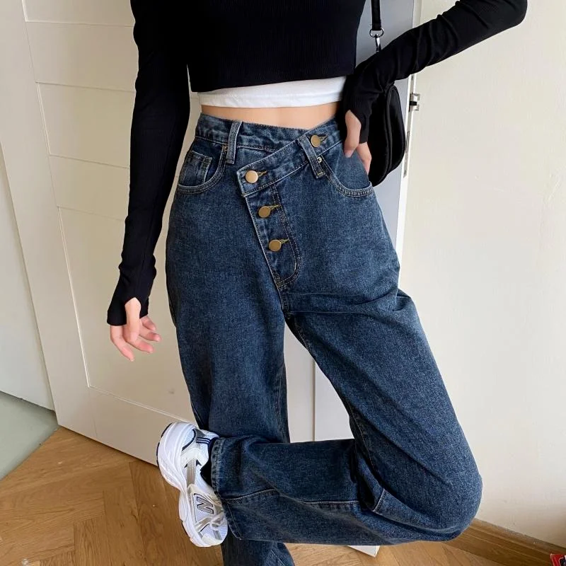Women Casual Plus Size Wide Leg Denim Pants 2021 High Waist Boyfriend Style Jeans Loose Straight Mom Chic Korean Blue Trousers