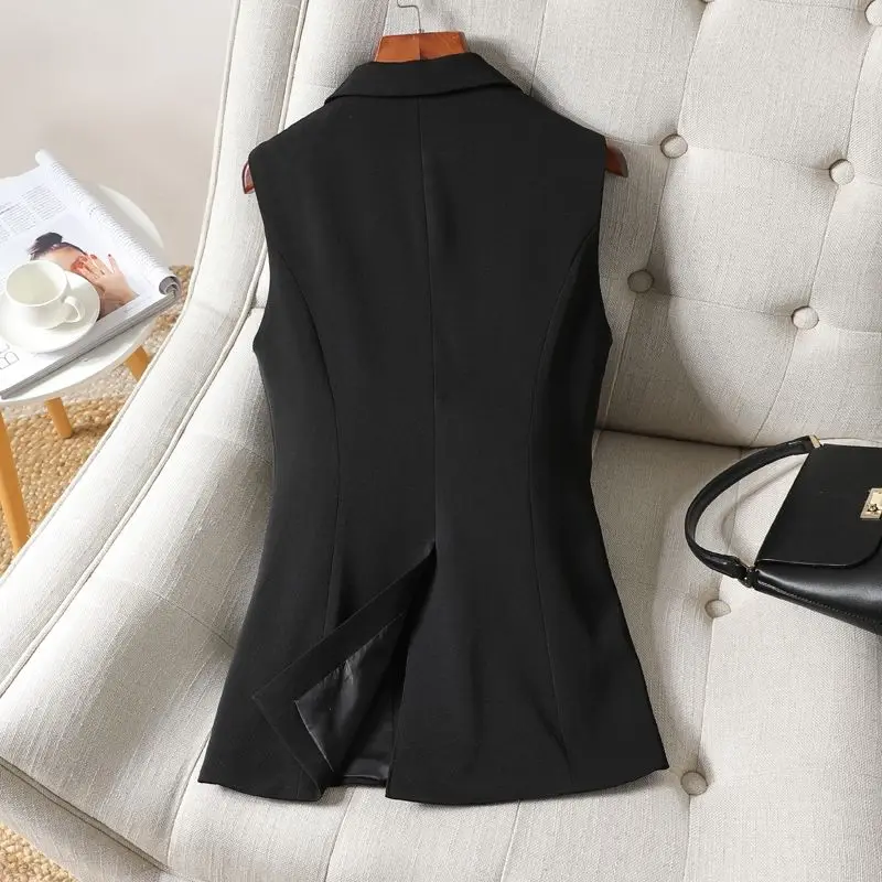 

2023 Spring Long Women Elegant Suit Vest Sleeveless Jackets Outerwear Office Lady Slim Solid Color Single Button Waistcoat M578