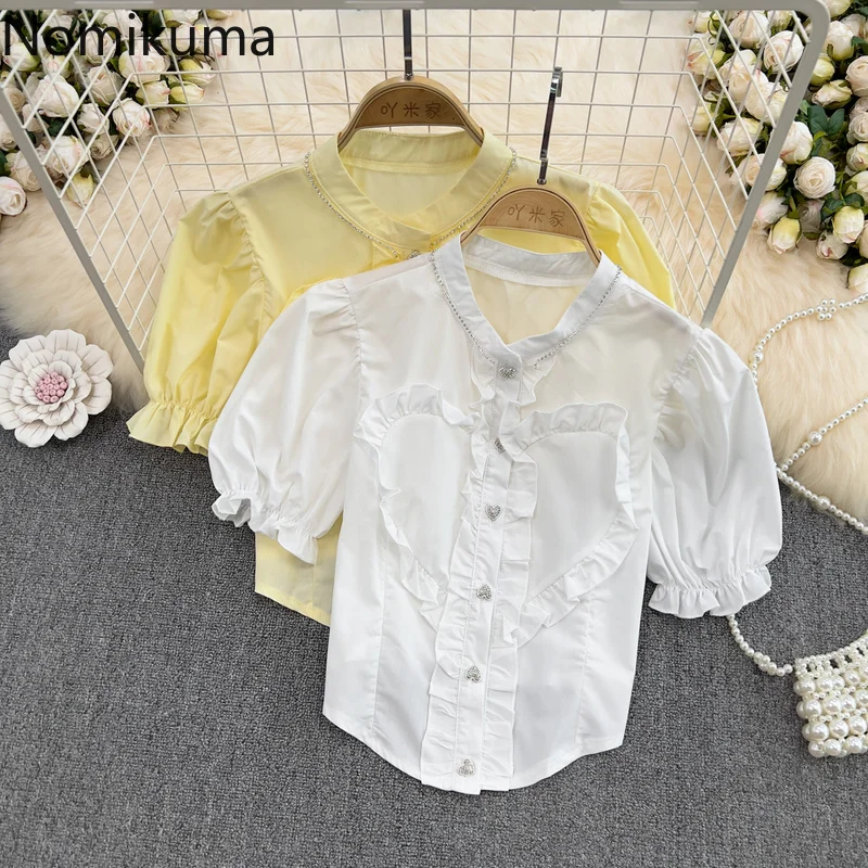 

Nomikuma Blusa Feminina Summer Puff Sleeve Ruffles Patchwork Solid Color Vetement Femme Vintage Fashion Elegant Camisas De Mujer