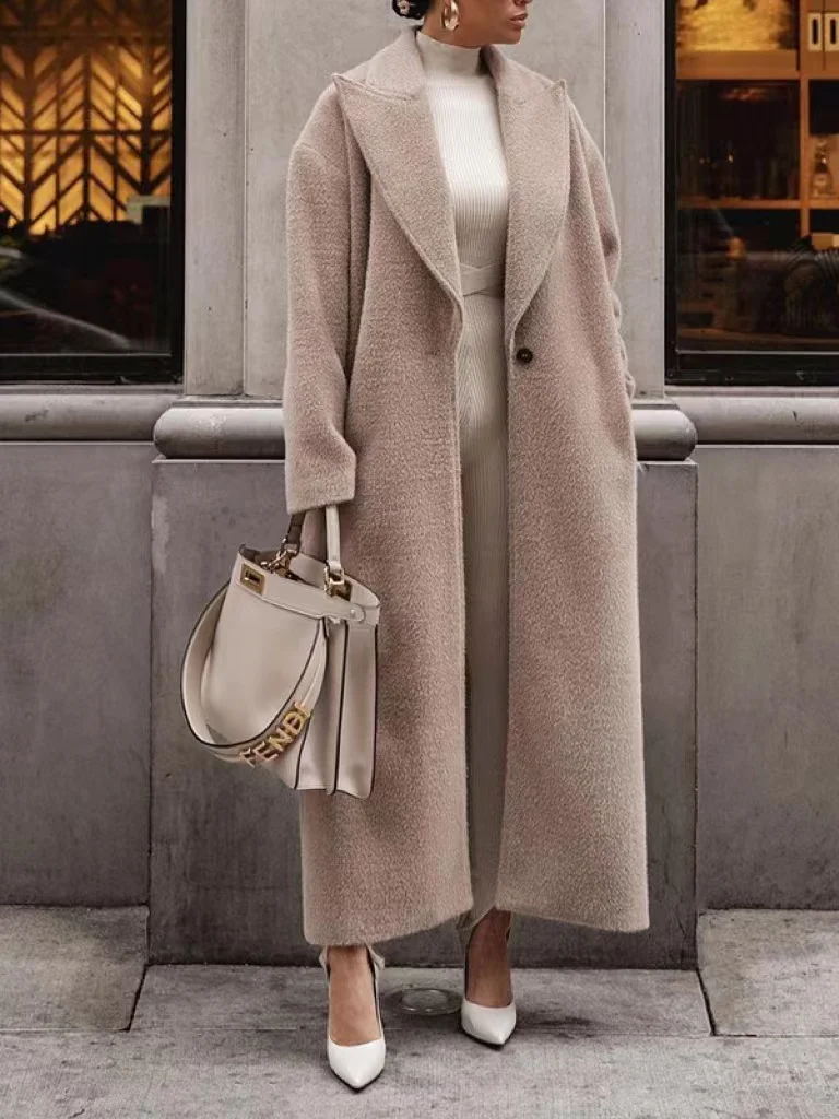 

Новинка 2023, зимнее женское шерстяное длинное пальто с отложным воротником, модное повседневное женское элегантное теплое пальто с карманами для осени и офиса