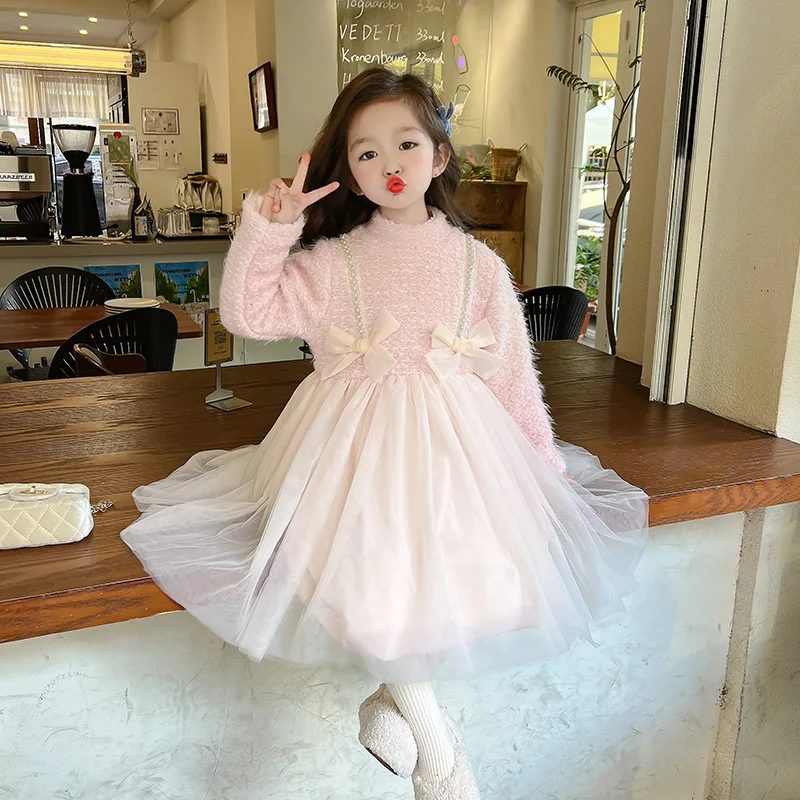 Girls' Dress 2023 New Autumn and Winter Style Girl Baby Foreign Style Thickened Princess Skirt Children Plus Fluffy Dress
