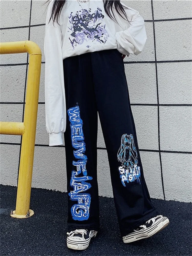 QWEEK Anime Print Wide Leg Pants Women Harajuku Streetwear Alt Oversize Jogging Sweatpants Baggy Korean Fashion Joggers Trousers