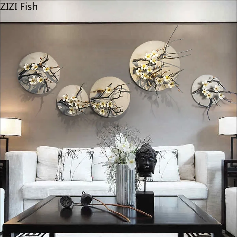 

3D Embossed Plum Blossom Wall Decoration Wooden Disc Hang Ornaments Living Room Sofa Backdrop Display Artificial Flower Crafts