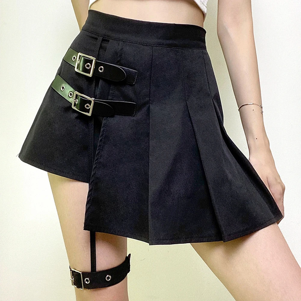 

YiYiMiYu Irregular Goth Black Pleated Skirt High Waist Buckle Patchwork Punk A Line Mini Skirts Women Streetwear Dark Academia