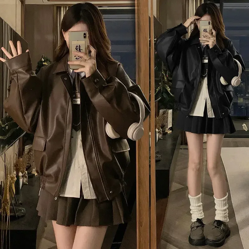 Фото 2024 Fashion Autumn Ladies High Street Outerwear Women Pu Leather Wine Red Jacket Casual Lapel Zipper Long Sleeved Short Coats №1