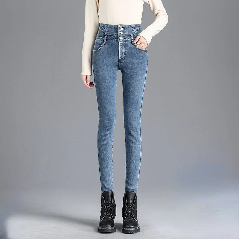 Winter Warm Thicken Velvet Jeans Women  Korean Fashiuon High Waist Skinny Leggings Trousers Slim Fit Stretch Pencil Denim Pants