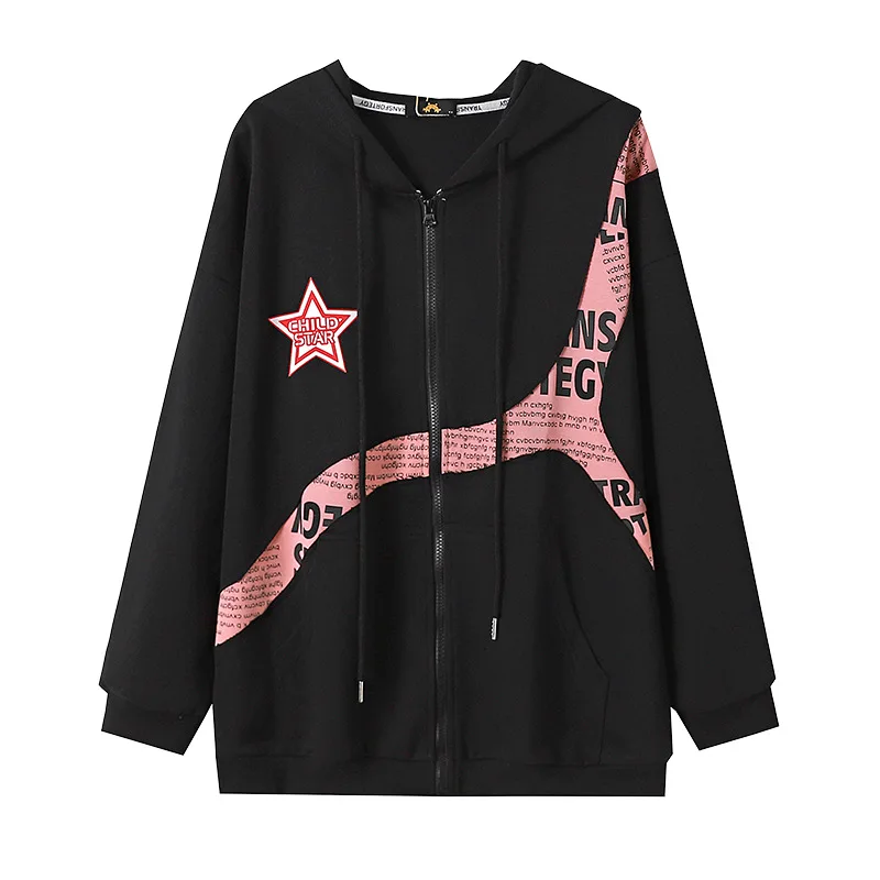 Женский свитер с капюшоном черный/Абрикосовый Свободный Топ асимметричным