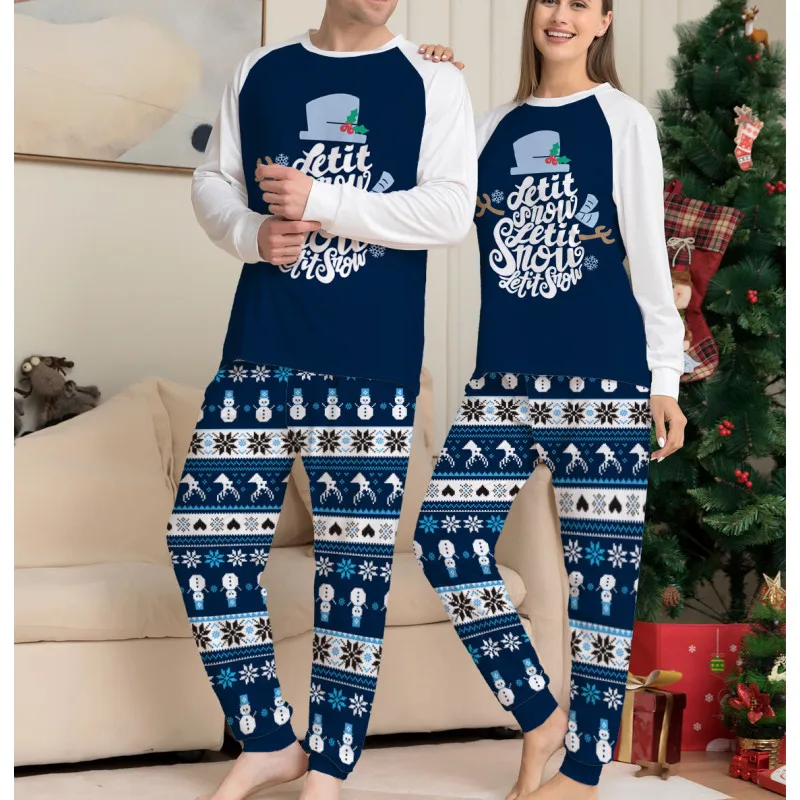 2022 Xmas Festive Homewear Two-piece Christmas For Family Clothing Suit Blue Print Christmas Set Family