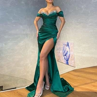 green satin prom dress off shoulder sweetheart sexy prom gown for women 2022 thigh slit sparkly crystal luxury party dresses