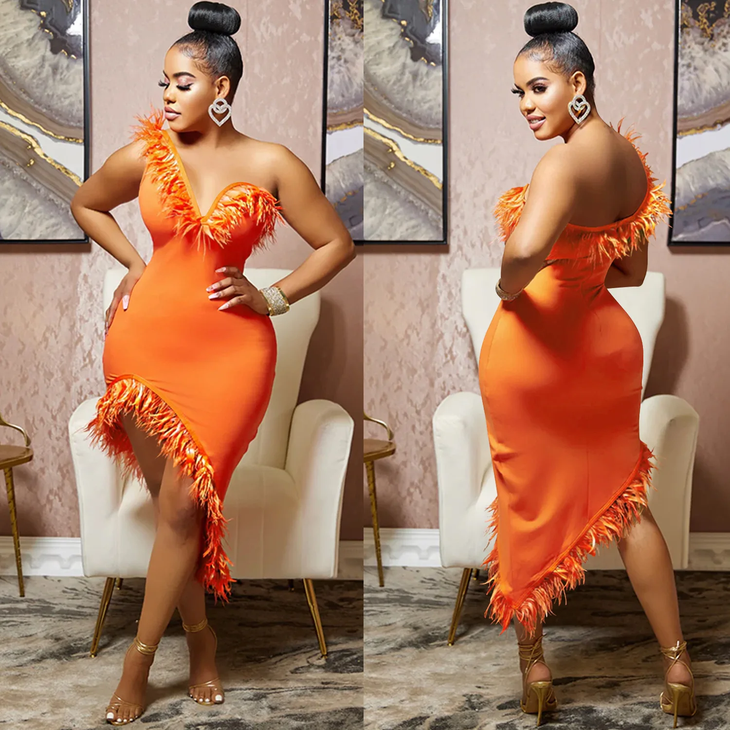 Women Sexy Feather Dress Deep V-neck One Shoulder Sleeveless Backless Party Club Dress Bodycon Homecoming Cocktail Dresses