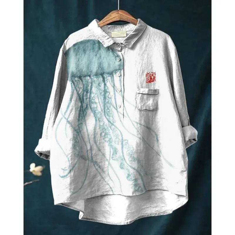 Повседневная льняная рубашка в японском стиле с изображением милого зеленого