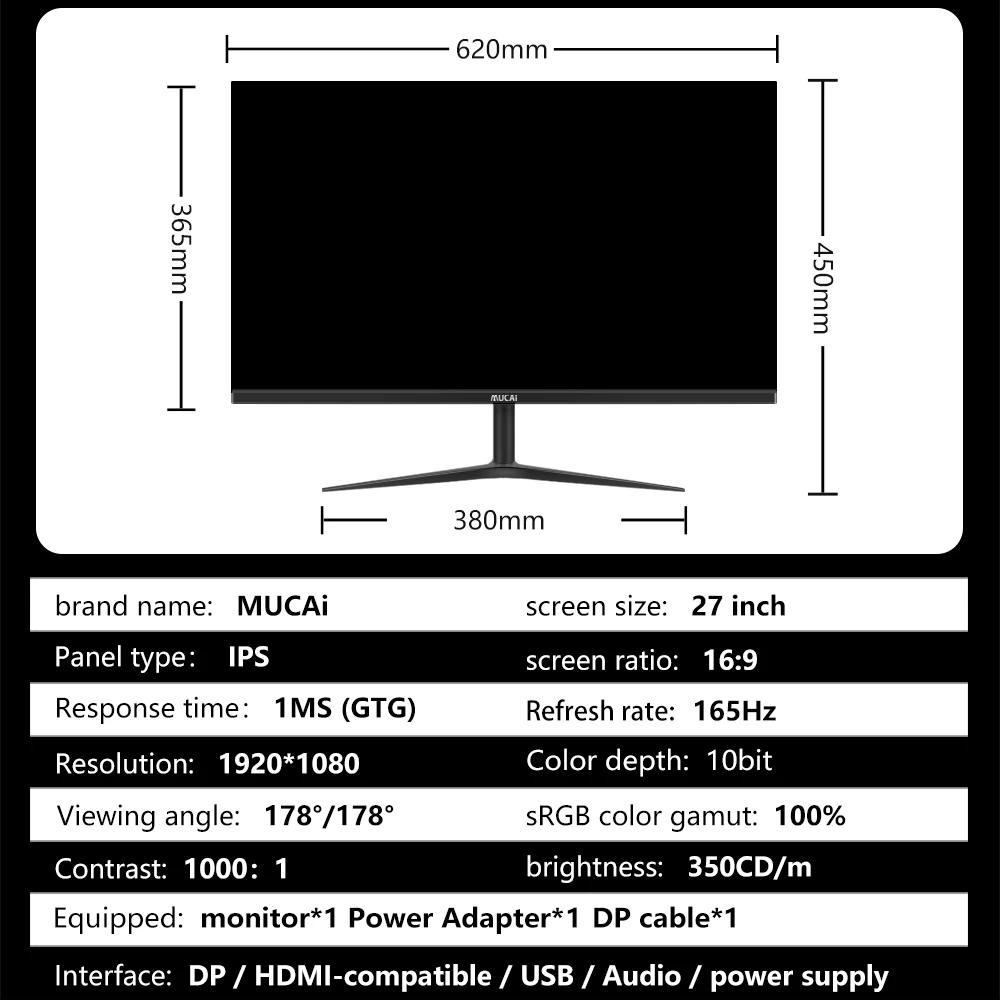 MUCAI 27 Inch monitor 144Hz LCD Display HD 27" 165Hz Desktop IPS Gaming Computer Screen Flat Panel 1920*1080 Response 1K DP images - 6