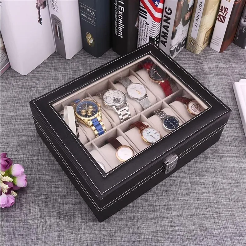 

2/4/6/8/10 Grids Leather Watch Box Display Case Holder Black Storage Box Glass Jewelry Organizer for Men & Women Best Gift Box