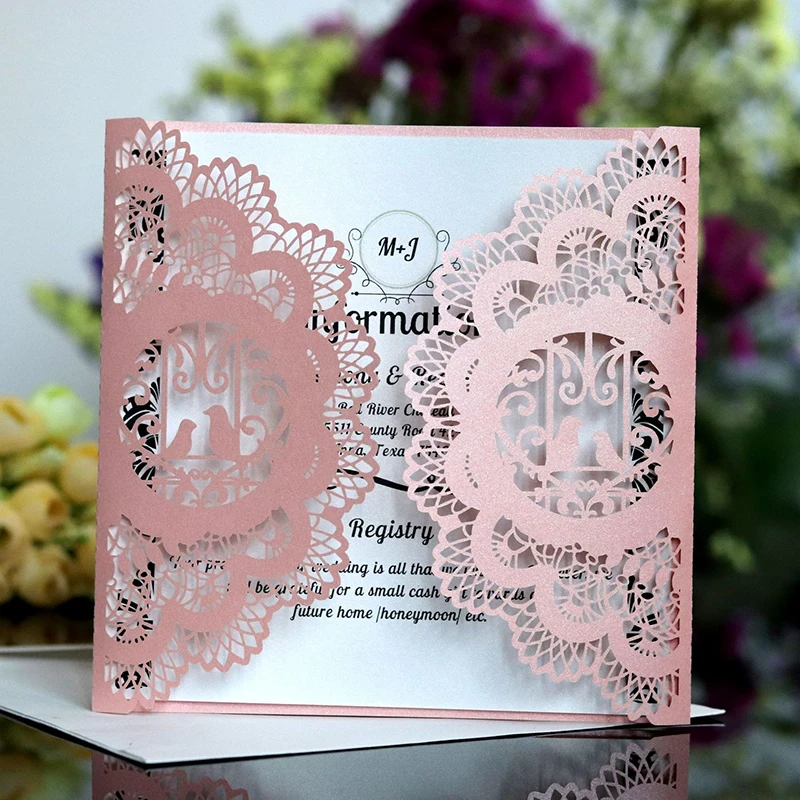 

10pcs Bird Pattern Square Invitation Card Laser Hollow Romantic Wedding Invitations Greeting Cards Gift Card Customization Party