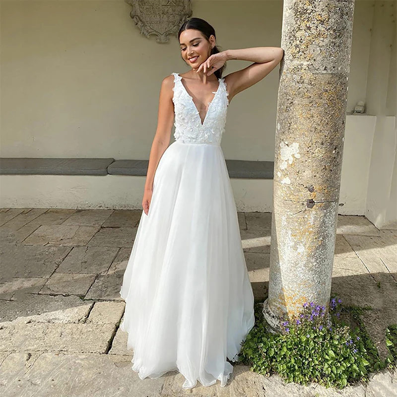 

Deep V-Neck Bridal Dresses Sleeveless Backless Wedding Gown 2022 Vintage Lace Appliques Chiffon Sweep Train Robe De Mariée