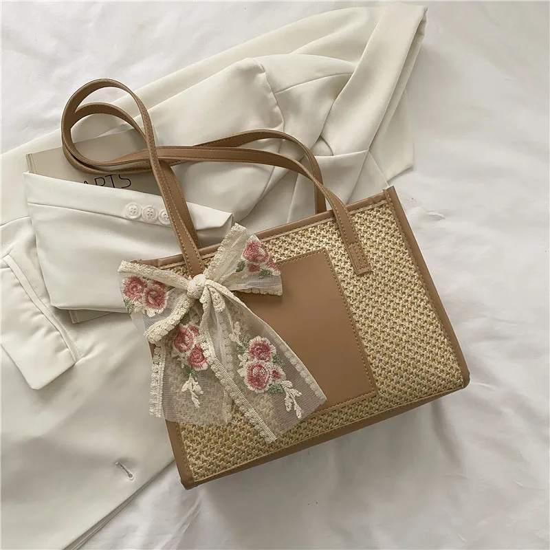 

Women Casual Shoulder Bags Fashion Embroidered Flower Bowknot Patchwork Hollow-Out Braided Tote Bags