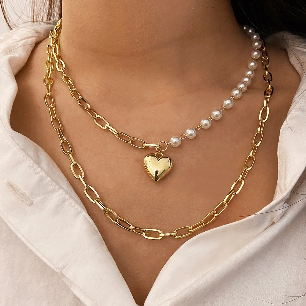 

Punk new multi-layer collarbone chain creative retro double-layer pearl Love Pendant Jewelry women's fashion necklace