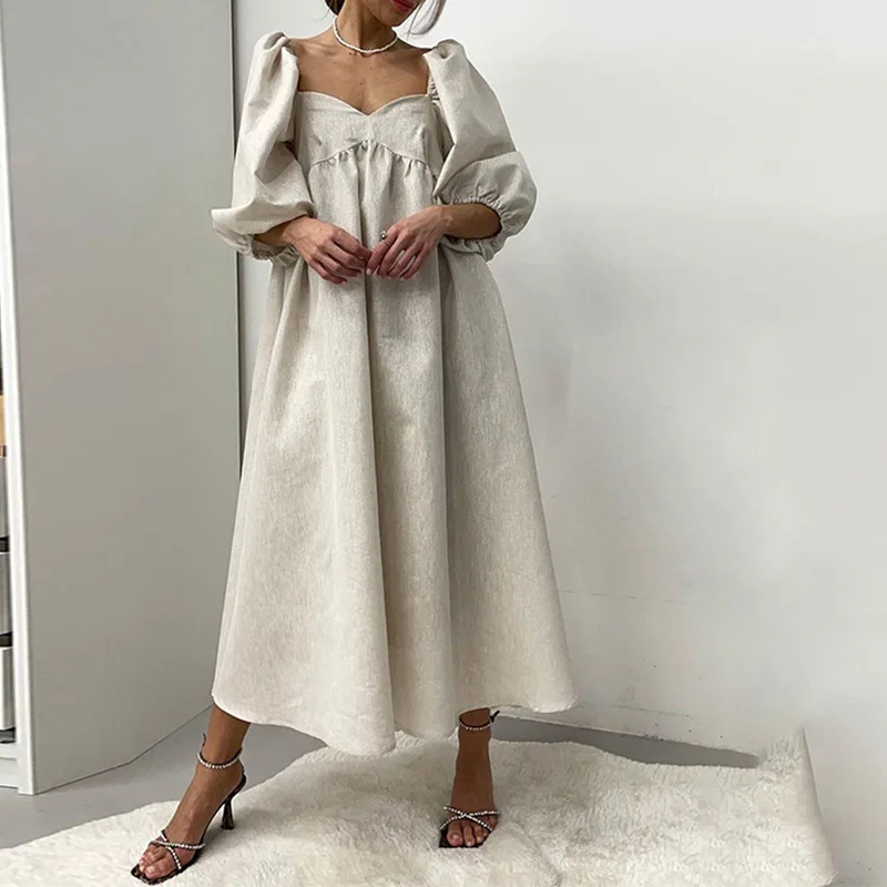 

Dresses For Women 2023 Fashion Khaki Loose Casual Three Sleeve V-neck Dresses Elegant Mid-calf Dress Streetwear