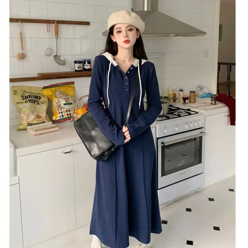 

hooded sweatshirt dress women 2023 spring autumn leisure contrast color patchwork dress Korea one piece long sleeved waist dress