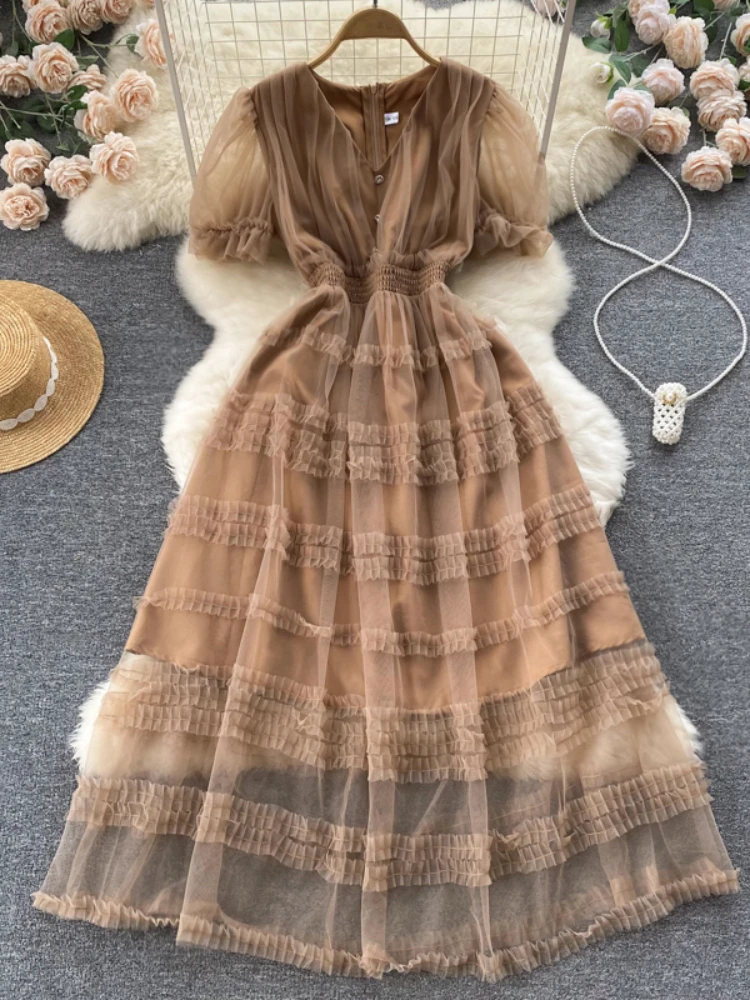 

Fitaylor New Summer Mesh Long Dress Women Elegant V-neck Short Sleeve Cake Dress Lady Sweet Slim High Waist A-line Long Dresses