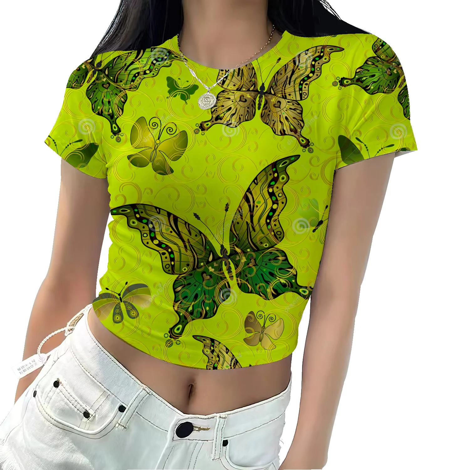 

Футболка с коротким рукавом и завышенной талией, с принтом бабочек