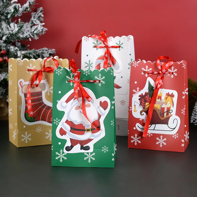 

4pcs Christmas Gift Bags Santa Claus Snowman Kraft Paper Favor Bag With Ribbons Xmas Party New Year Candy Cookie Pouch Wrapping
