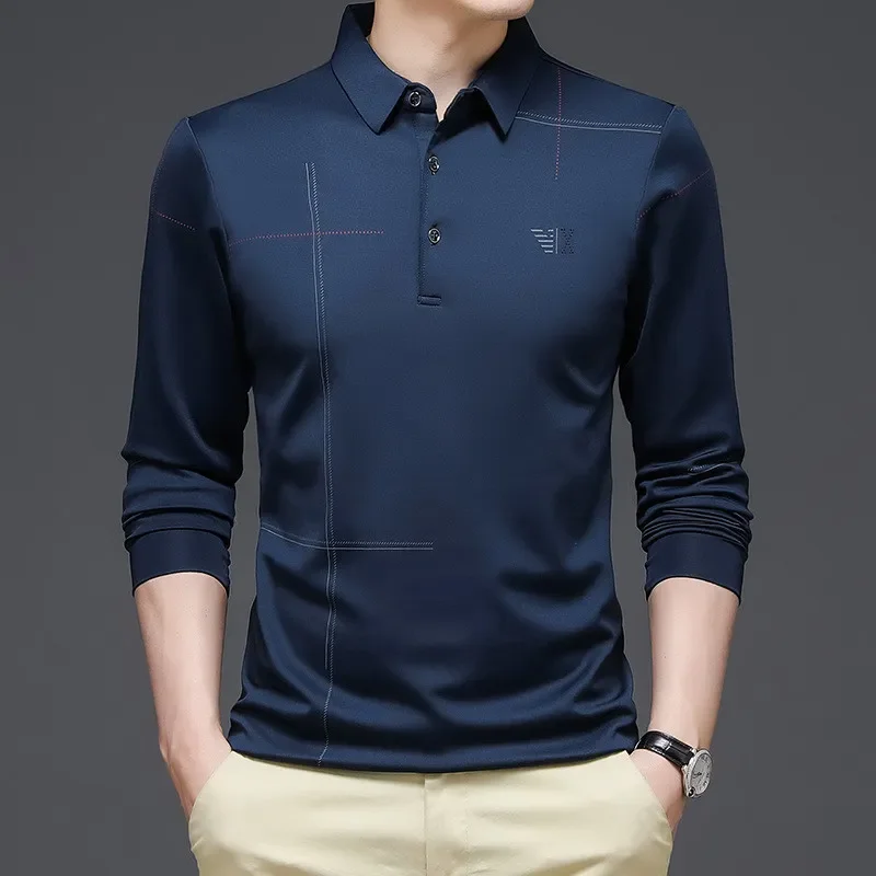 

Новинка 2023, мужская рубашка-поло, деловая Осенняя футболка, повседневная мужская рубашка-поло с длинным рукавом, приталенная Корейская одежда, рубашки на пуговицах