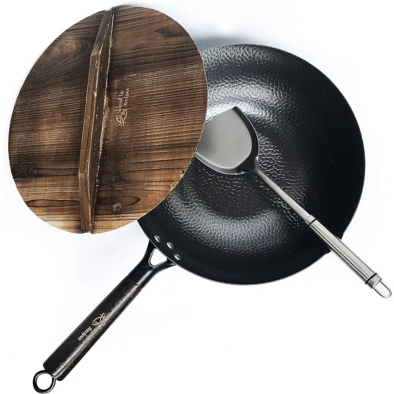 

Souped Up Recipes Carbon Steel Wok for Electric, Induction and Gas Stoves (Lid, Spatula and User Guide Video Included)