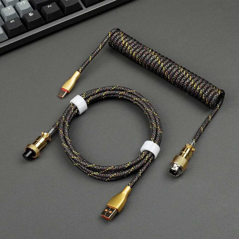 Фото Позолоченный кабель-авиатор USB C к TYPE-A, пружинный провод USB-A Type-C для игр, магнитный переключатель, механическая клавиатура, комплект «сделай сам» №1