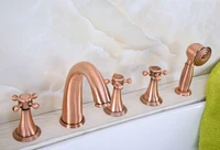 antique red copper brass three cross handles deck mounted 5 holes bathroom tub faucet mixer tap with handshower mtf205