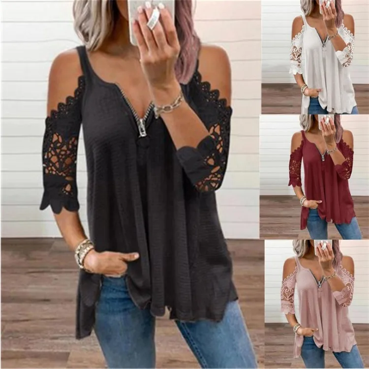 

4 Solid Color Fashion Off Sholder Hollow Brouse Short Sleeve Deep V Neck Zipper Loose T Shirt Casual Loose Shirt for Office Lady