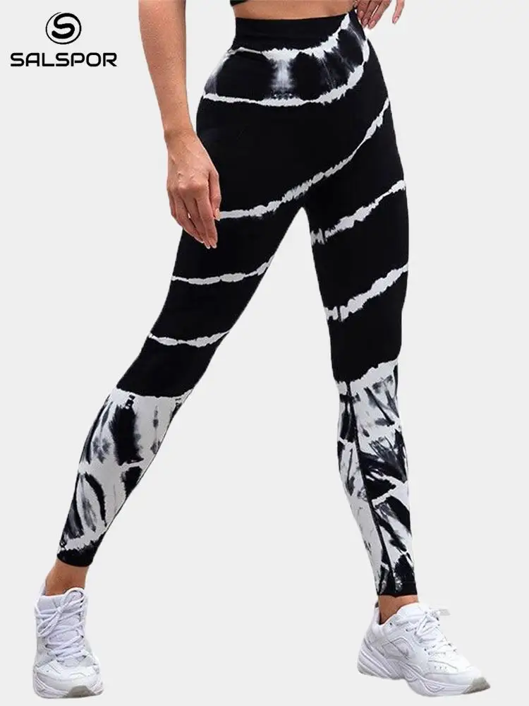 

SALSPOR Striped Tie Dye Patchwork Sports Leggings Women Elastic Skinny Workout Running Pants Printed Breathable Push Up Leggings