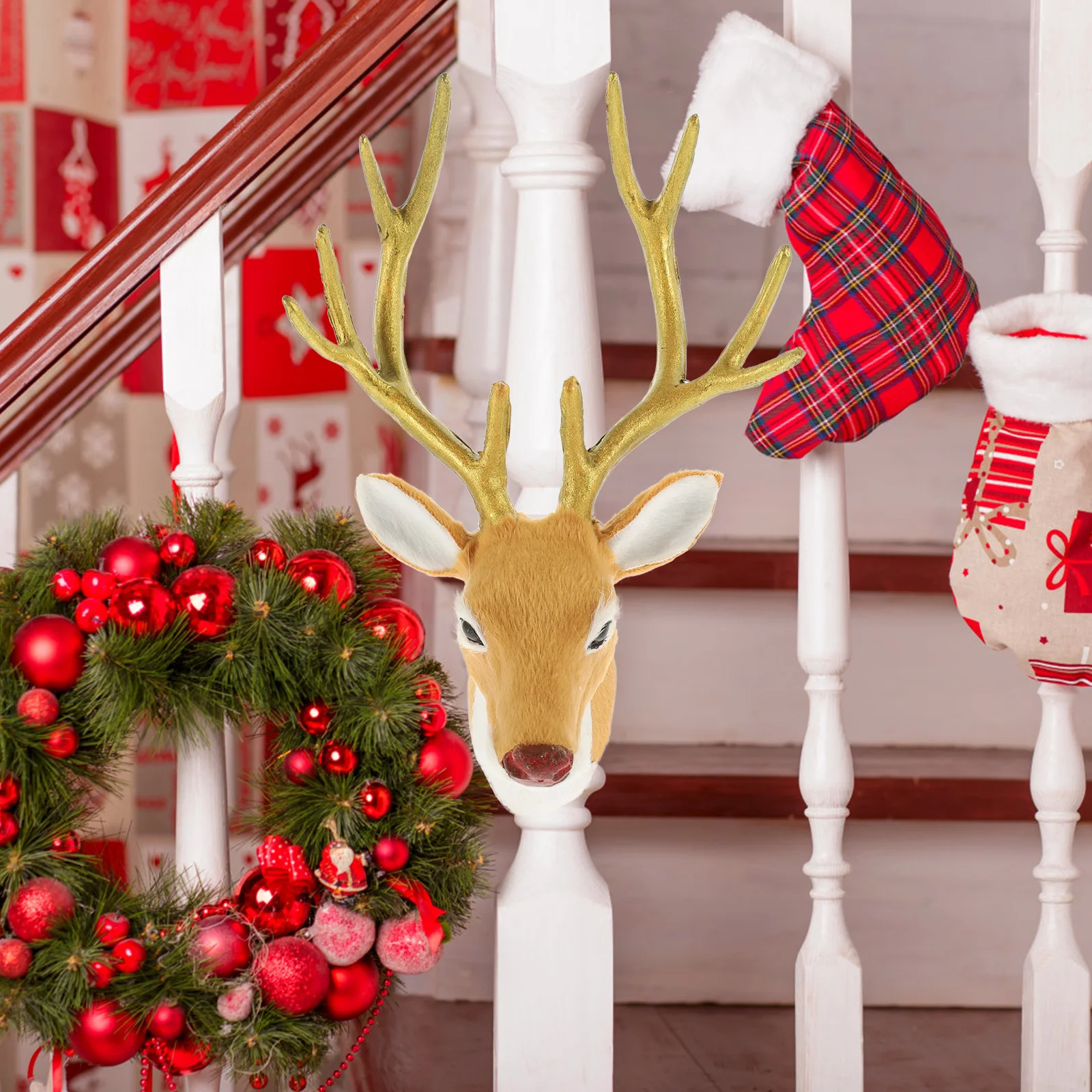 

Artificial Deer Head Reindeer Decorations Christmas For Table Room Elk Statues Desktop Ornament Cabinets Decors Simulation Fake