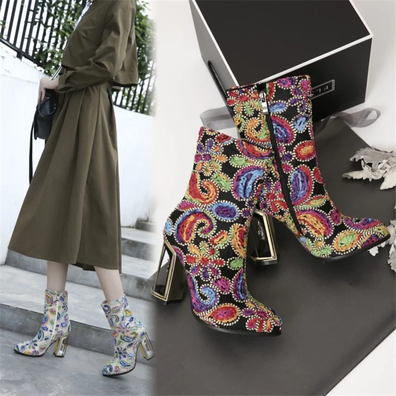 Female Fashion Boots For Women Strange Heels High Quality Retro Luxury Women's Shoes Mixed Colors Super High Heels Zip Brand New