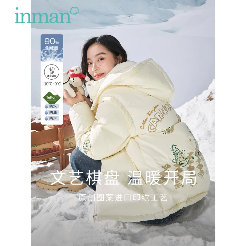 

Женский пуховик с капюшоном INMAN, зимний свободный белый пуховик с длинным рукавом, модная Милая верхняя одежда четырех цветов с принтом