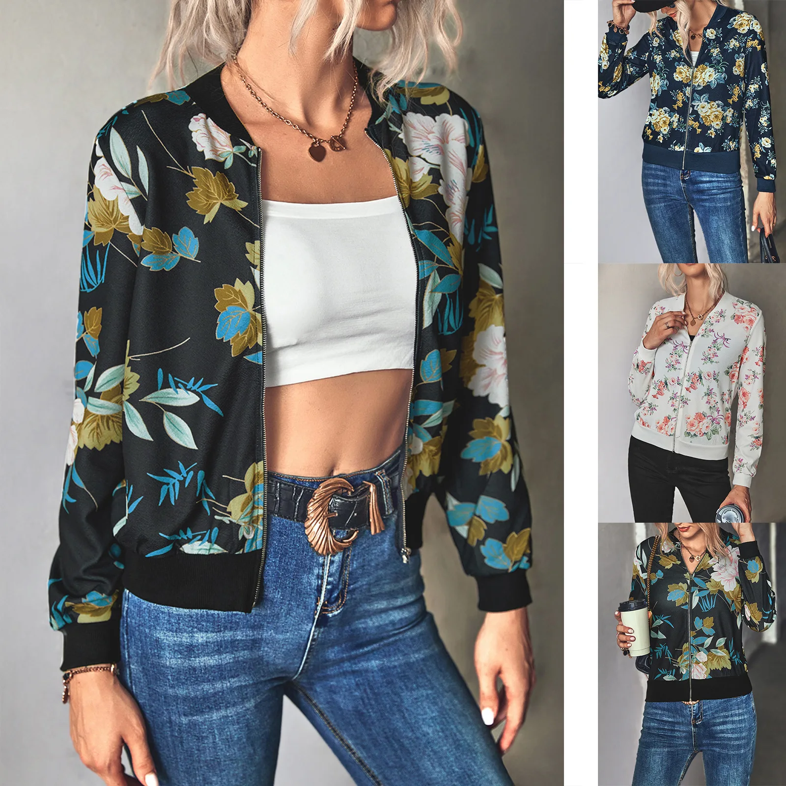 

Mandylandy Women Elegant Autumn Winter Floral Print Jacket Coat Fashion Casual Long Sleeve Zipper Slim Fit Outwear
