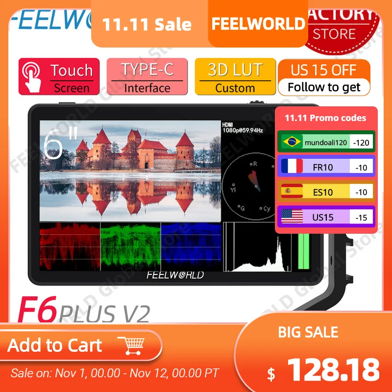 

Монитор FEELWORLD F6 PLUS V2 4K HDMI, 6-дюймовый DSLR 3D LUT HDR сенсорный экран в поле камеры IPS FHD 1920x1080, вспомогательный видеофокус